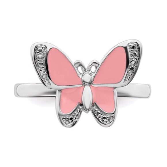 Sterling Silver Stackable Expressions Pink Enamel Butterfly Ring: - Picture 5 of 7